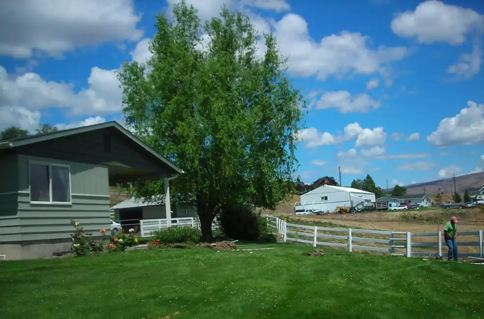 The finished lawn and house after the trenching job